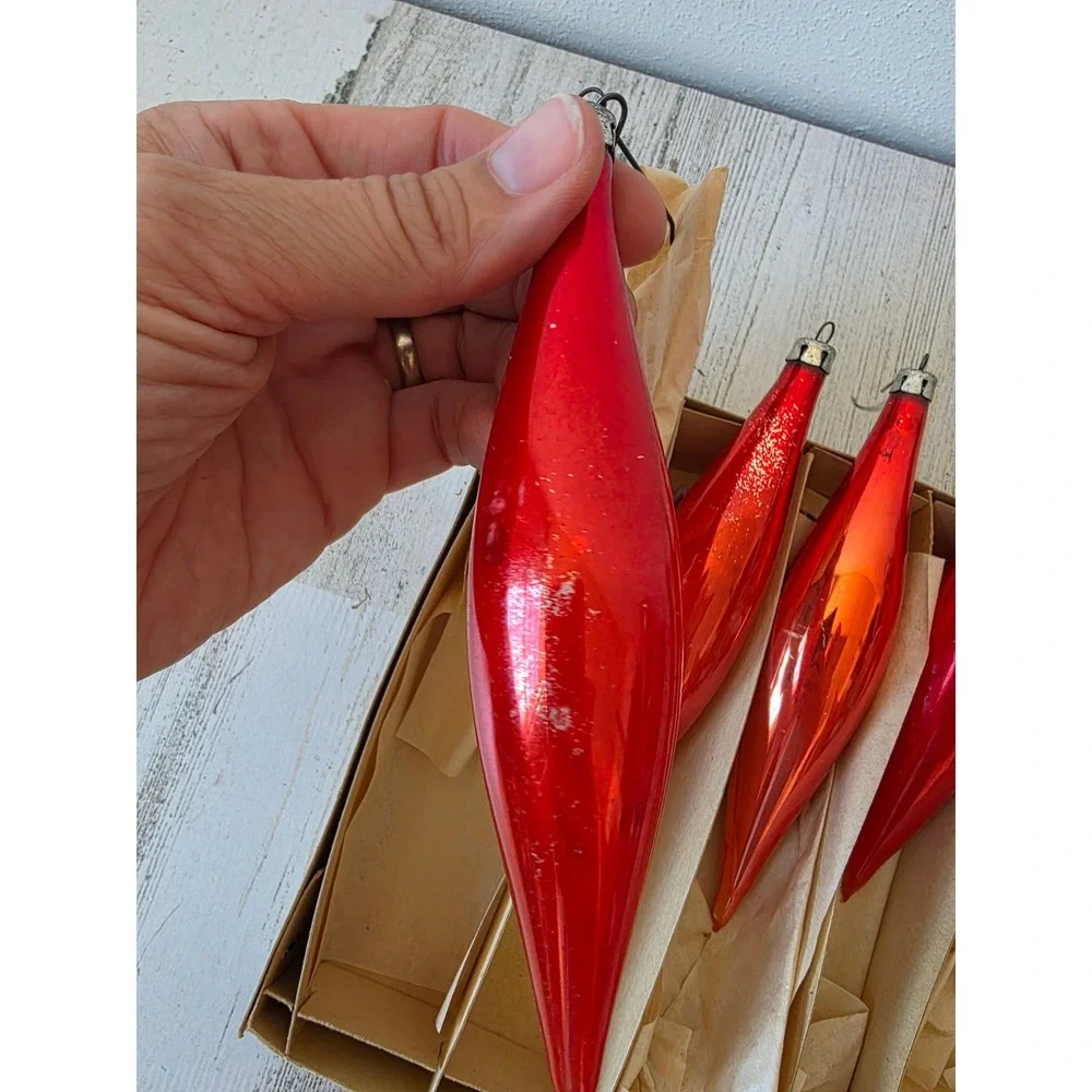 Vintage red icicle Poland set ornament Xmas tree